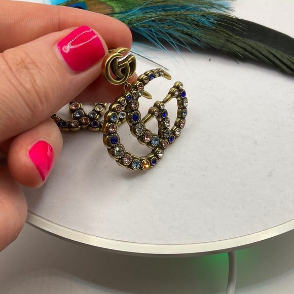 Gold GG Marmont Colorful Crystals Dangle Earrings - Picture 2 of 9